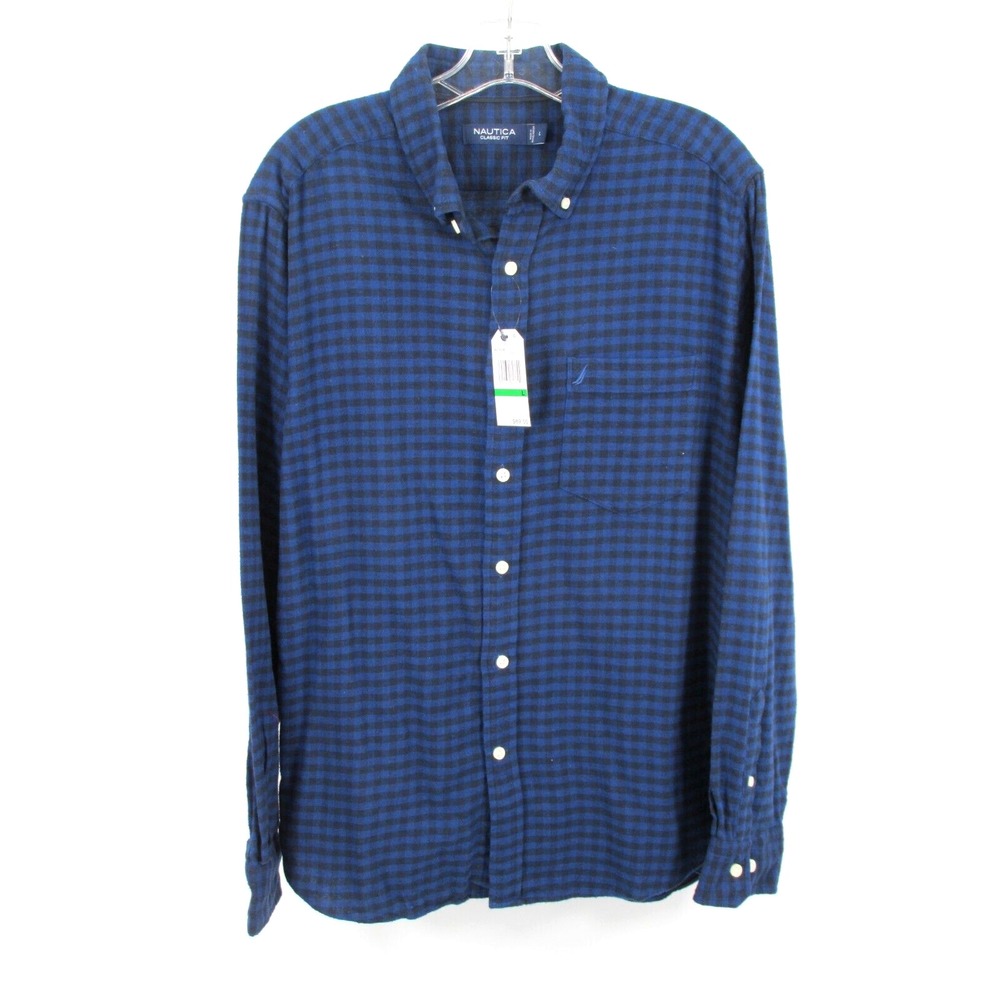 Nautica Men Blue Plaid Flannel Shirt Long Sleeve Classic Fit W2760M Large NWT